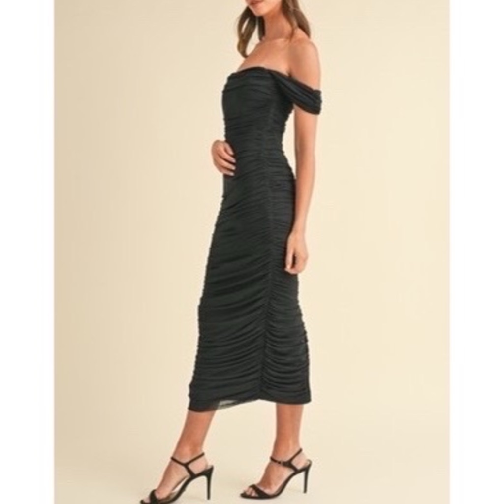 454 Black Soft Fine Mesh Draped Ruched Stretch Fitted Dress